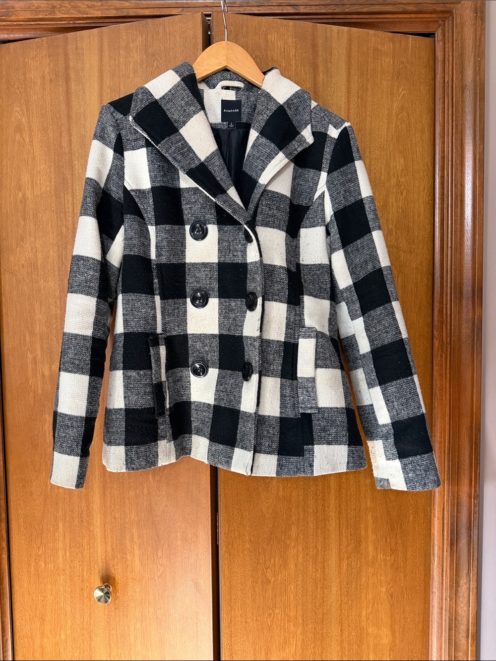 Rampage Black and White Plaid Double-Breasted Pea Coat